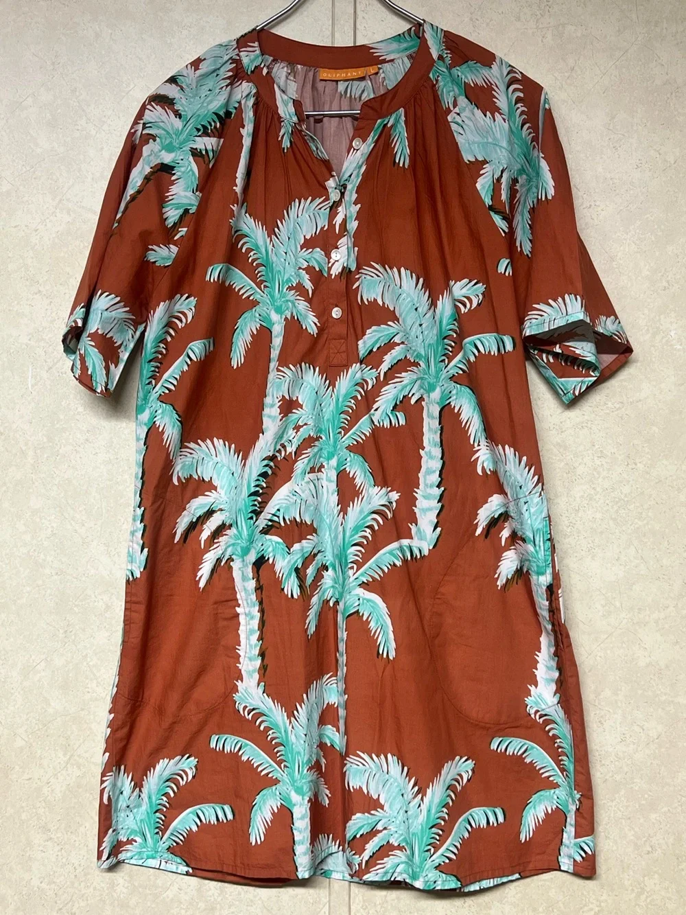 Oliphant pocket mini dress puff sleeves in Cartagena brown palm trees - Picture 4 of 13